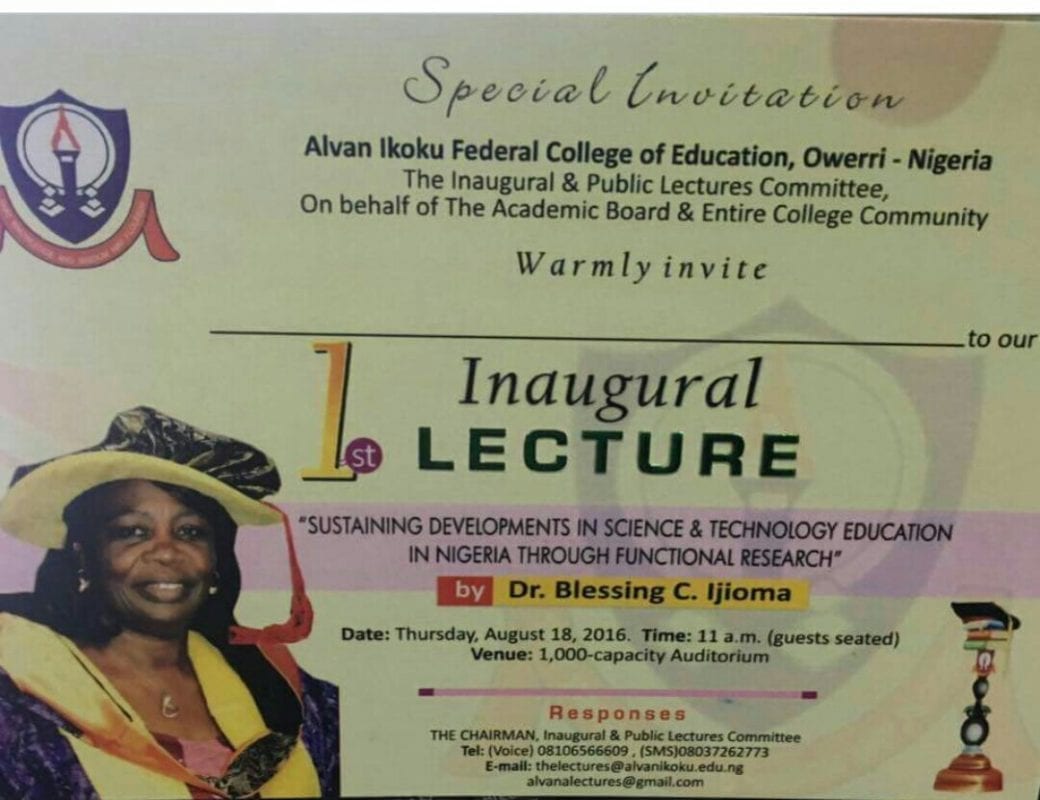 INVITATION TO THE 1ST INAUGURAL LECTURE OF ALVAN IKOKU FEDERAL COLLEGE OF EDUCATION, OWERRI