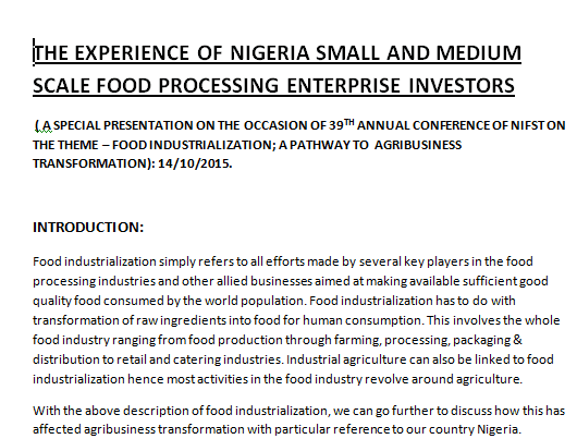 THE EXPERIENCE OF NIGERIA SMALL AND MEDIUM SCALE FOOD PROCESSING ENTERPRISE INVESTORS