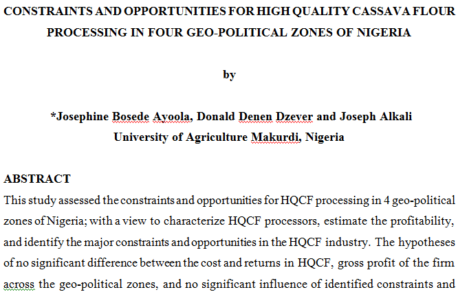 CONSTRAINTS AND OPPORTUNITIES FOR HIGH QUALITY CASSAVA FLOUR PROCESSING IN FOUR GEO-POLITICAL ZONES OF NIGERIA
